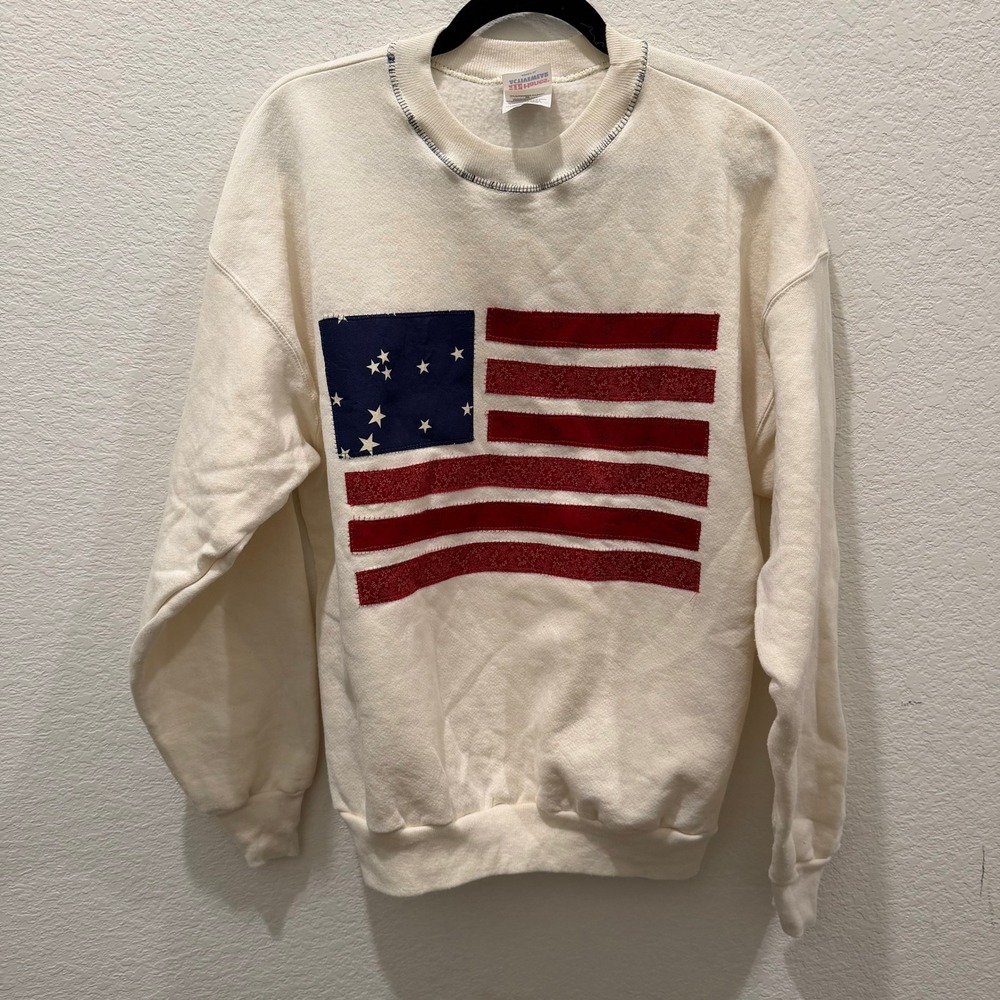 Vintage Hanes Activewear American Flag Patch Sweatshirt Cream XL